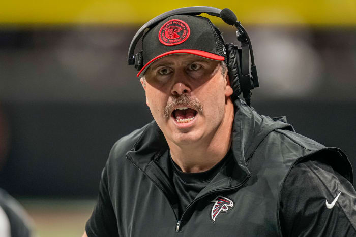 Sep 10, 2023; Atlanta, Georgia, USA; Atlanta Falcons head coach Arthur Smith reacts to a call during the game against the Carolina Panthers during the second half at Mercedes-Benz Stadium.